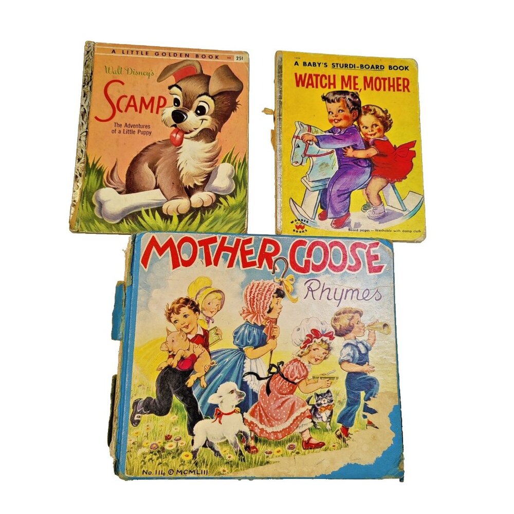 Vintage 1950's Hardcover Children's Books Lot Of 3 Mother Goose Disney Scampi